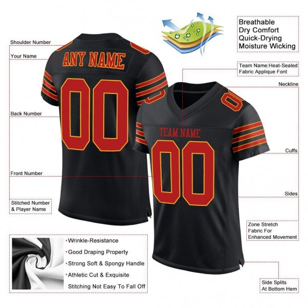 Kid's Custom Black Scarlet-Gold Mesh Authentic Football Jersey