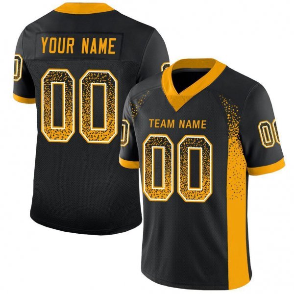 Youth Custom Black Gold-White Mesh Drift Fashion Football Jersey