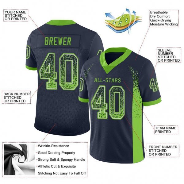 Men's Custom Navy Neon Green-Gray Mesh Drift Fashion Football Jersey