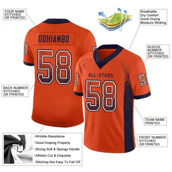 Women's Custom Orange Navy-White Mesh Drift Fashion Football Jersey