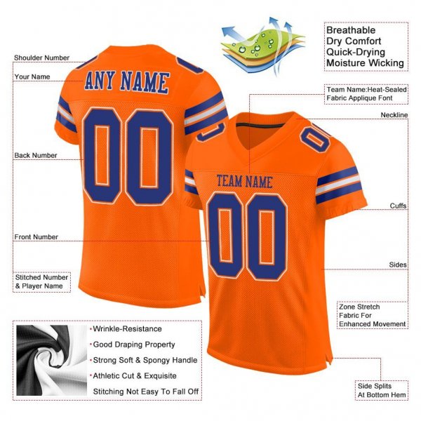 Kid's Custom Orange Royal-White Mesh Authentic Football Jersey