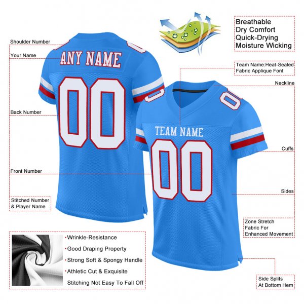 Kid's Custom Powder Blue White-Red Mesh Authentic Football Jersey