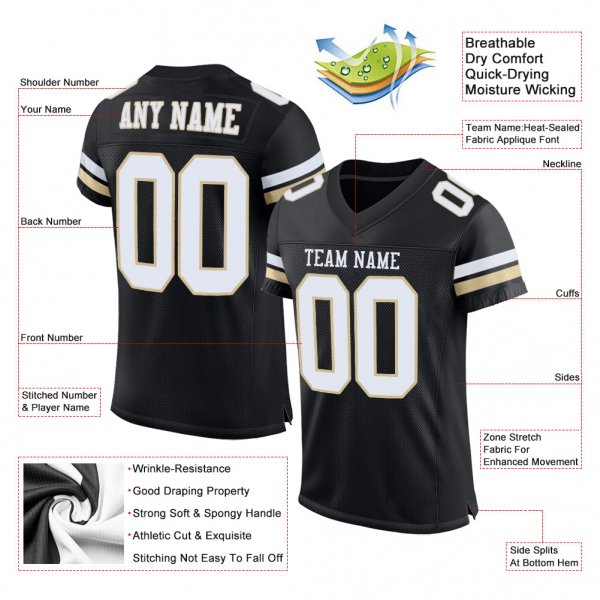 Kid's Custom Black White-Vegas Gold Mesh Authentic Football Jersey