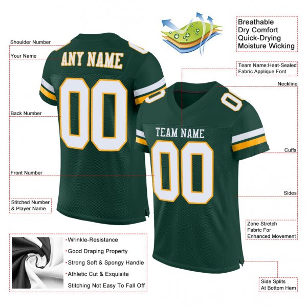 Men's Custom Green White-Gold Mesh Authentic Football Jersey