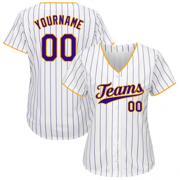 Women's Custom White Purple Pinstripe Purple-Gold Authentic Baseball Jersey