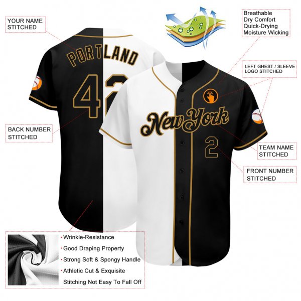 Men's Custom White-Black Old Gold Authentic Split Fashion Baseball Jersey