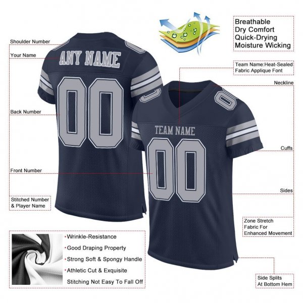 Men's Custom Navy Gray-White Mesh Authentic Football Jersey