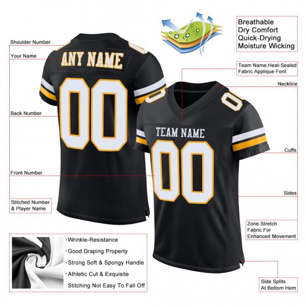 Kid's Custom Black White-Gold Mesh Authentic Football Jersey