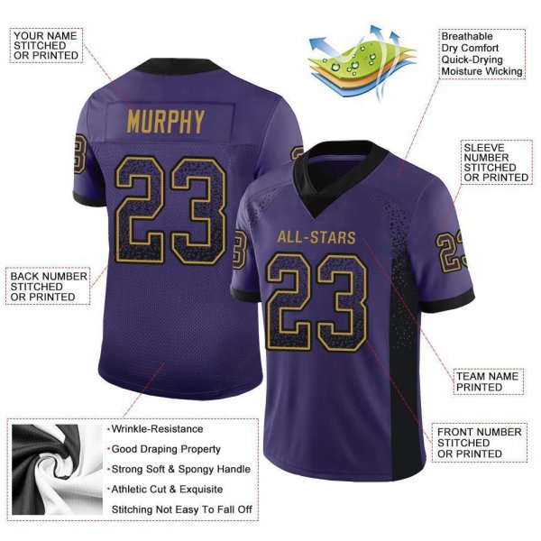 Youth Custom Purple Black-Old Gold Mesh Drift Fashion Football Jersey