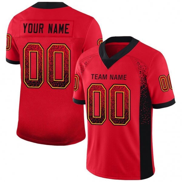 Youth Custom Scarlet Black-Gold Mesh Drift Fashion Football Jersey