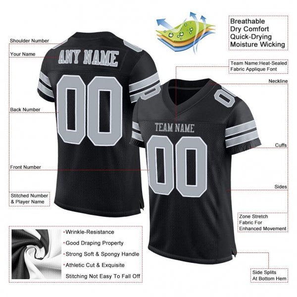 Kid's Custom Black Silver-White Mesh Authentic Football Jersey