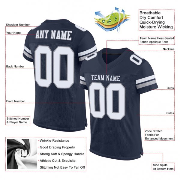 Men's Custom Navy White-Light Gray Mesh Authentic Football Jersey