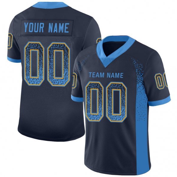 Men's Custom Navy Powder Blue-Gold Mesh Drift Fashion Football Jersey